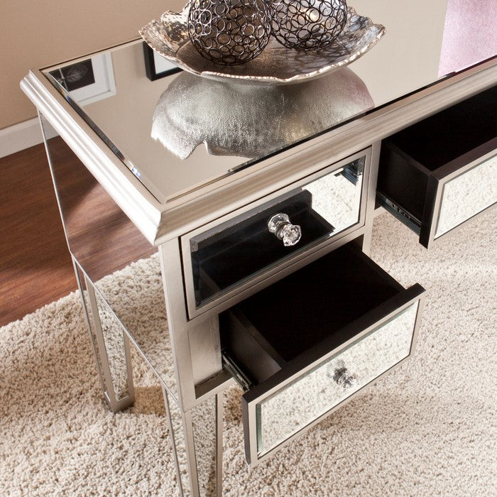 5 Drawer Wooden Console Table with Mirror Inserts, Silver and Gray