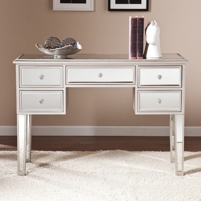 5 Drawer Wooden Console Table with Mirror Inserts, Silver and Gray
