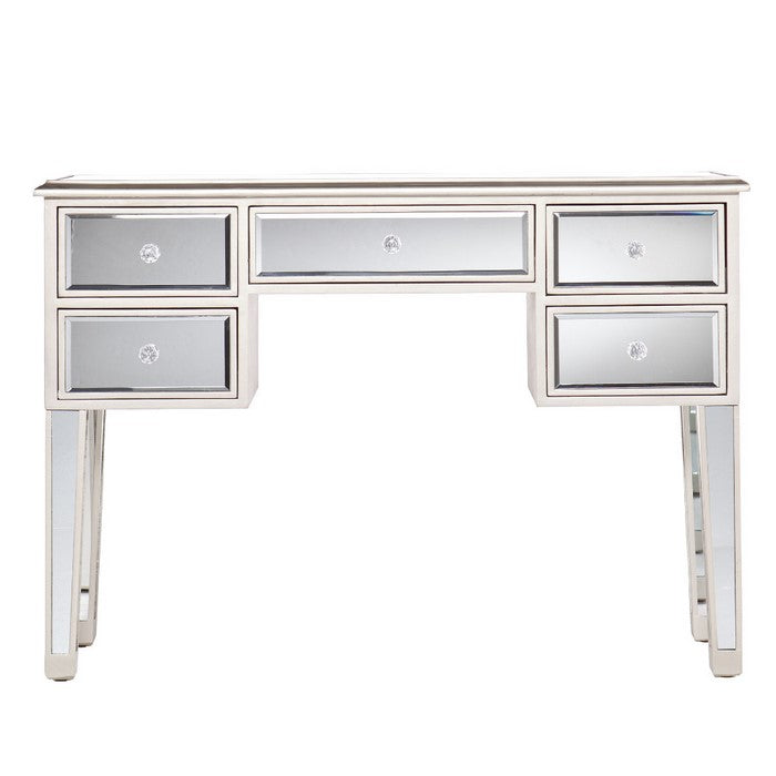 5 Drawer Wooden Console Table with Mirror Inserts, Silver and Gray