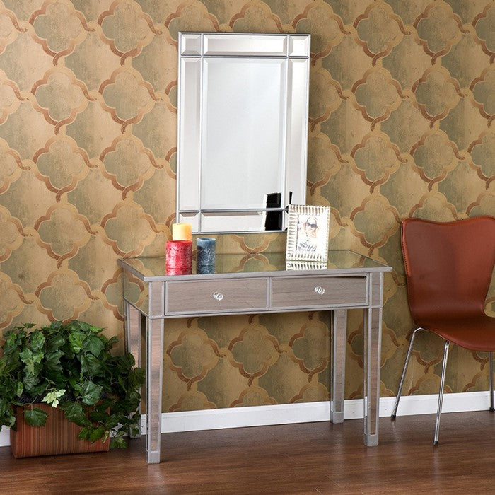 2 Drawer Wooden Console Table with Mirror Inserts, Silver and Gray