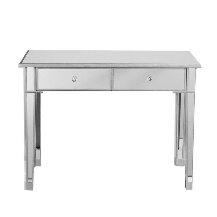 2 Drawer Wooden Console Table with Mirror Inserts, Silver and Gray