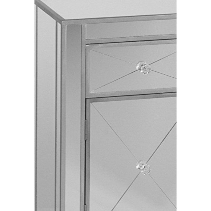 2 Door Storage Cabinet with 2 Drawers and Mirror Inserts, Gray and Silver