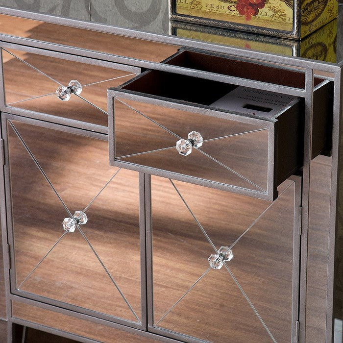 2 Door Storage Cabinet with 2 Drawers and Mirror Inserts, Gray and Silver