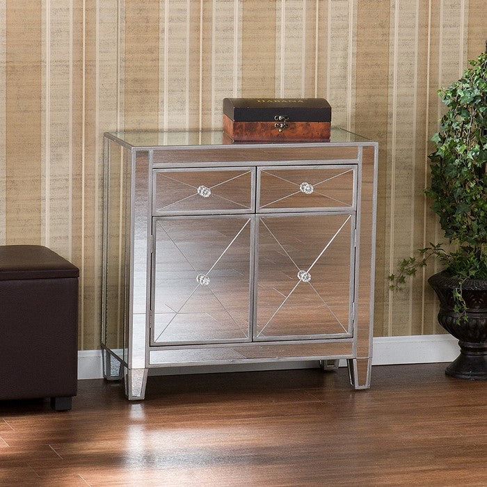 2 Door Storage Cabinet with 2 Drawers and Mirror Inserts, Gray and Silver