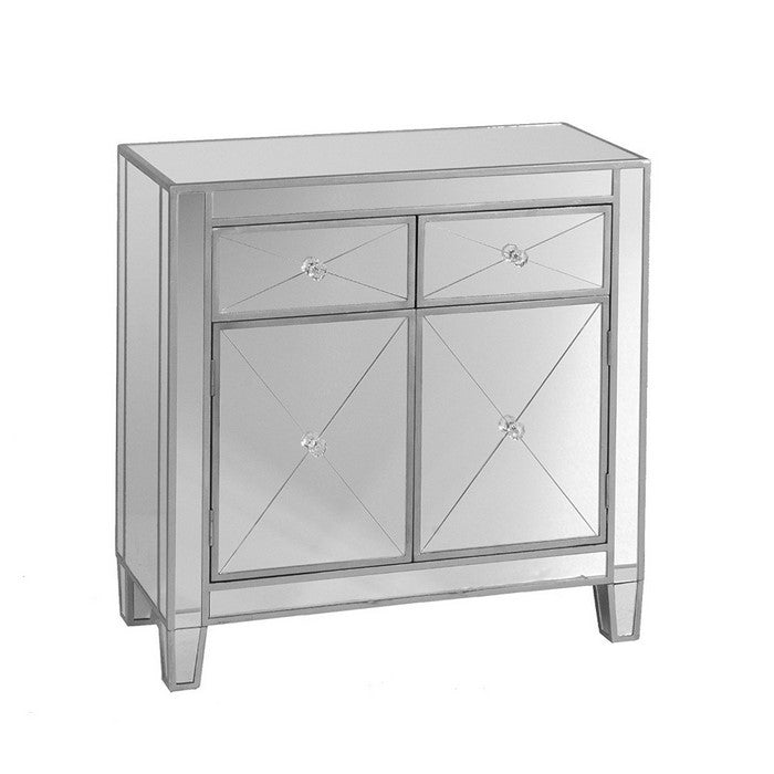 2 Door Storage Cabinet with 2 Drawers and Mirror Inserts, Gray and Silver