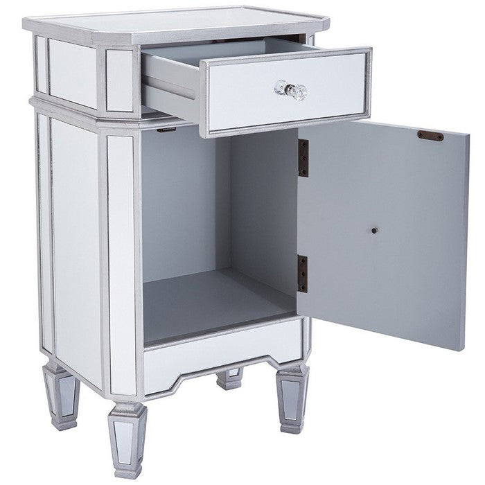1 Door Storage Cabinet with 1 Drawer and Mirror Inserts, Gray and Silver