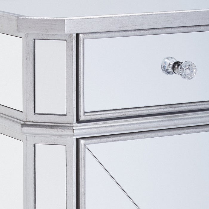 1 Door Storage Cabinet with 1 Drawer and Mirror Inserts, Gray and Silver
