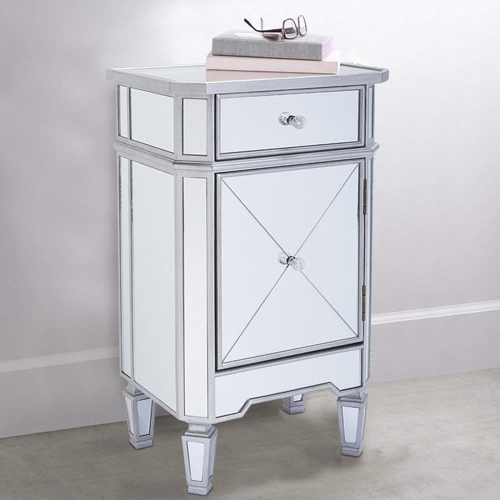 1 Door Storage Cabinet with 1 Drawer and Mirror Inserts, Gray and Silver
