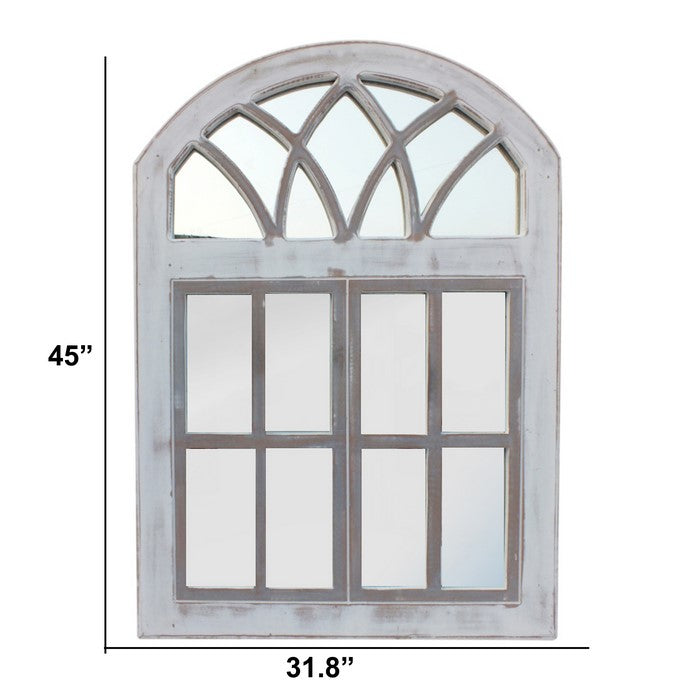 Arched Wooden Framed Window Wall Panel with Inserted Mirror, Distressed White and Clear