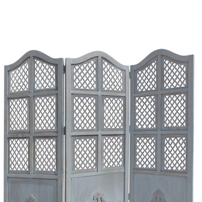 Three Panel Wooden Room Divider with Traditional Carvings and Cutouts, Blue