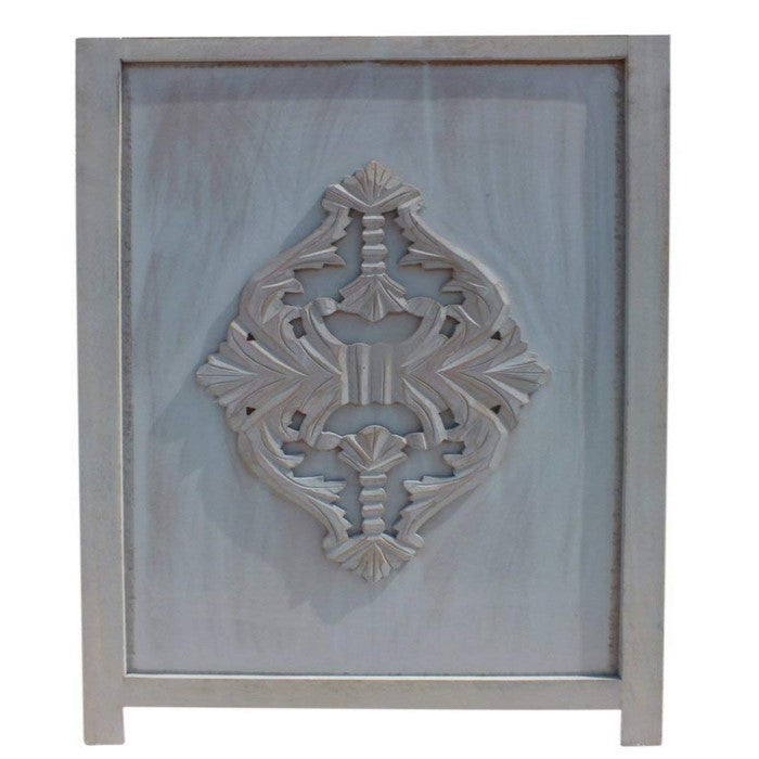 Three Panel Wooden Room Divider with Traditional Carvings and Cutouts, Blue