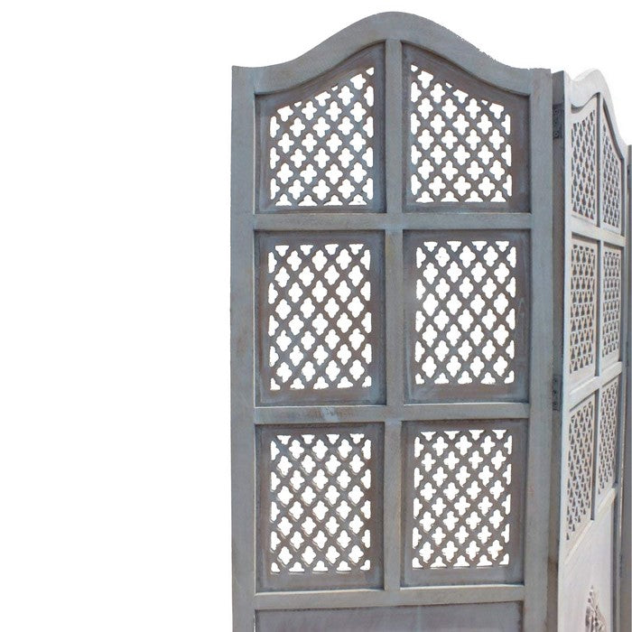 Three Panel Wooden Room Divider with Traditional Carvings and Cutouts, Blue