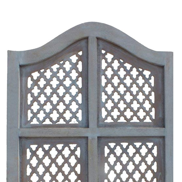 Three Panel Wooden Room Divider with Traditional Carvings and Cutouts, Blue