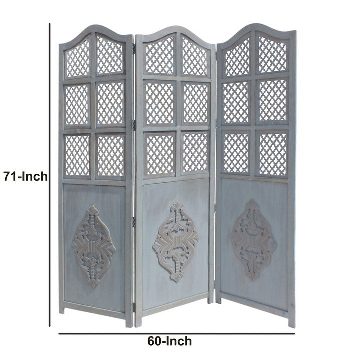 Three Panel Wooden Room Divider with Traditional Carvings and Cutouts, Blue