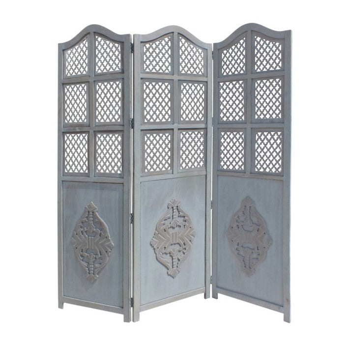 Three Panel Wooden Room Divider with Traditional Carvings and Cutouts, Blue