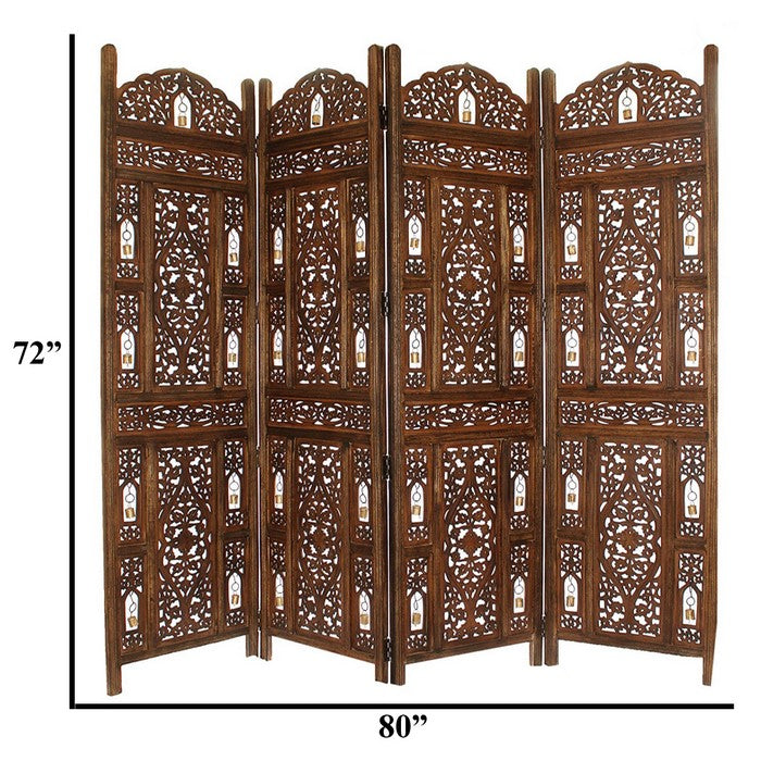 Handcrafted Wooden 4 Panel Room Divider Screen With Tiny Bells - Reversible