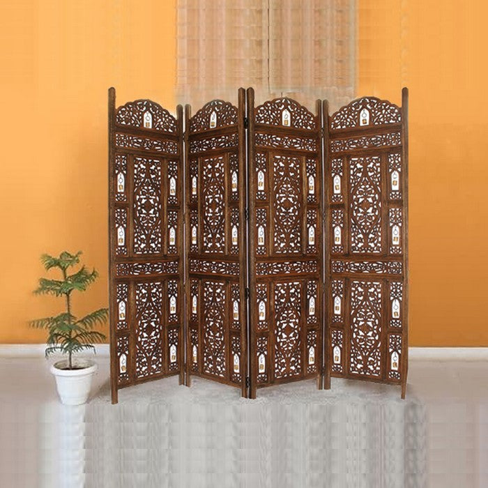 Handcrafted Wooden 4 Panel Room Divider Screen With Tiny Bells - Reversible