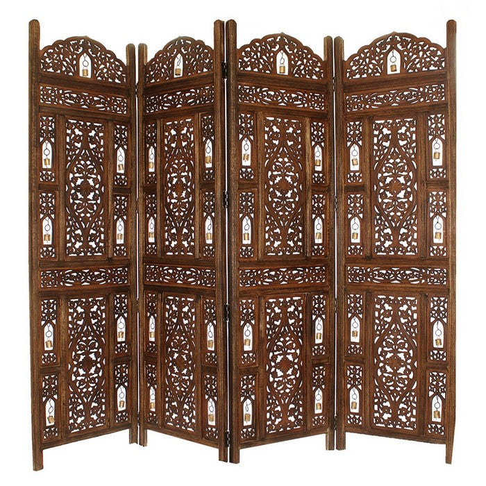 Handcrafted Wooden 4 Panel Room Divider Screen With Tiny Bells - Reversible