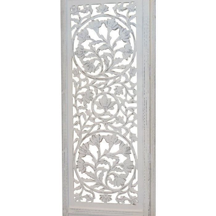 Handcrafted Wooden 4 Panel Room Divider Screen Featuring Lotus Pattern-Reversible