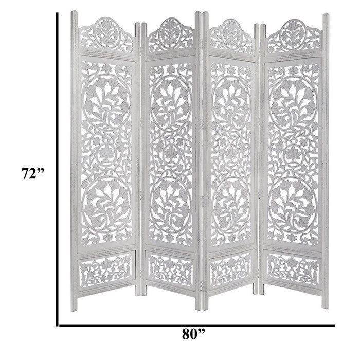 Handcrafted Wooden 4 Panel Room Divider Screen Featuring Lotus Pattern-Reversible