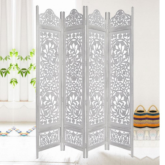 Handcrafted Wooden 4 Panel Room Divider Screen Featuring Lotus Pattern-Reversible