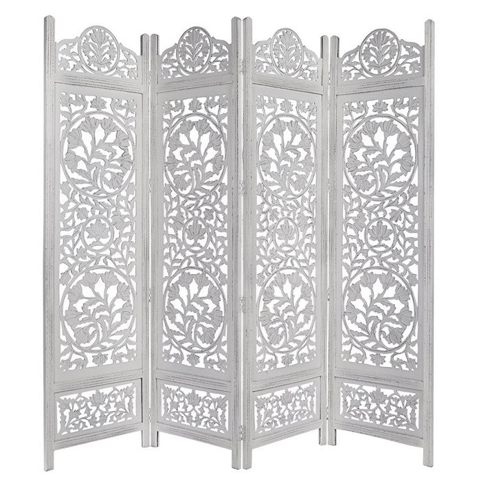 Handcrafted Wooden 4 Panel Room Divider Screen Featuring Lotus Pattern-Reversible