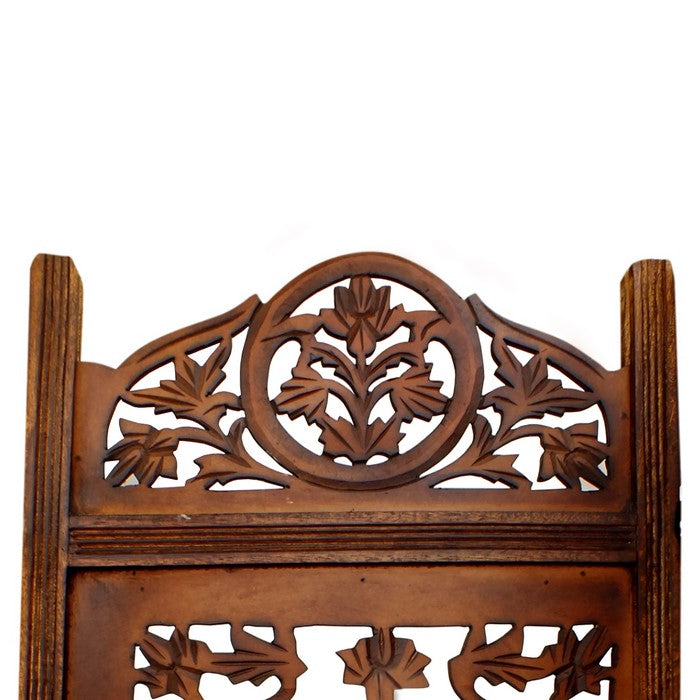 Handcrafted Wooden 4 Panel Room Divider Screen Featuring Lotus Pattern-Reversible