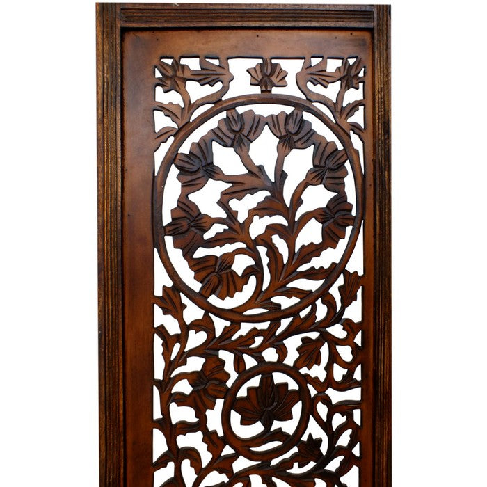 Handcrafted Wooden 4 Panel Room Divider Screen Featuring Lotus Pattern-Reversible