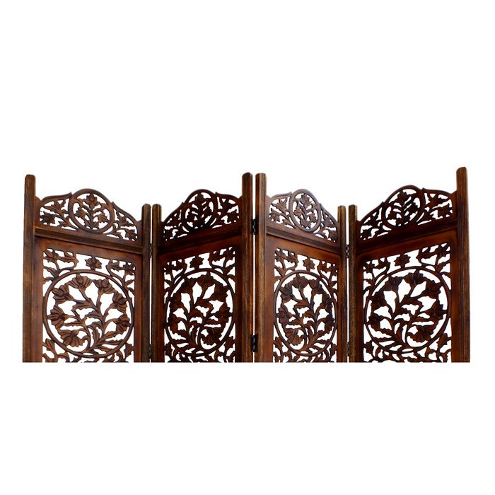 Handcrafted Wooden 4 Panel Room Divider Screen Featuring Lotus Pattern-Reversible