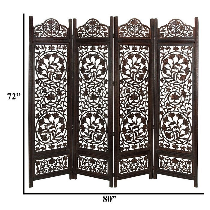 Handcrafted Wooden 4 Panel Room Divider Screen Featuring Lotus Pattern-Reversible