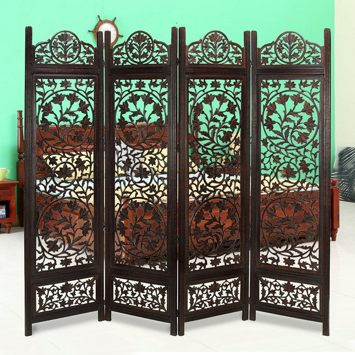 Handcrafted Wooden 4 Panel Room Divider Screen Featuring Lotus Pattern-Reversible