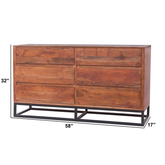 Modern Acacia Wood Dresser cum Display Unit With Metal Base, Walnut Brown and Black