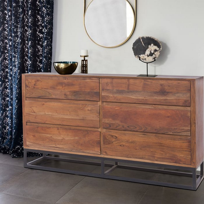 Modern Acacia Wood Dresser cum Display Unit With Metal Base, Walnut Brown and Black