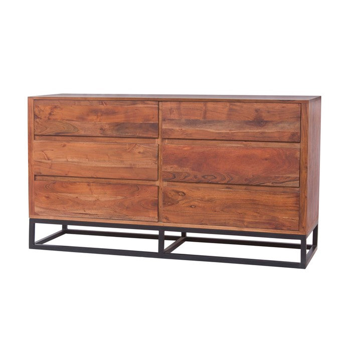 Modern Acacia Wood Dresser cum Display Unit With Metal Base, Walnut Brown and Black