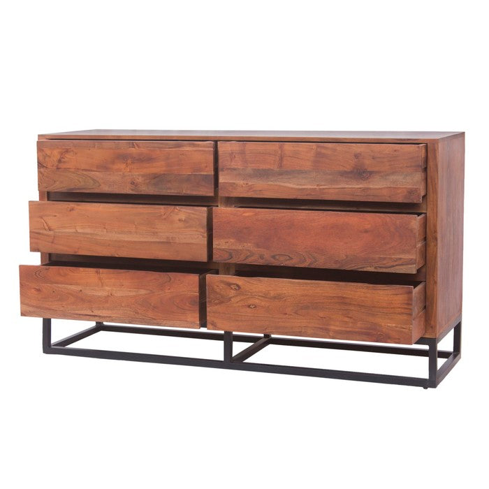Modern Acacia Wood Dresser cum Display Unit With Metal Base, Walnut Brown and Black