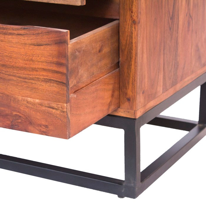 Modern Acacia Wood Dresser cum Display Unit With Metal Base, Walnut Brown and Black