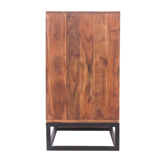 Modern Acacia Wood Dresser cum Display Unit With Metal Base, Walnut Brown and Black