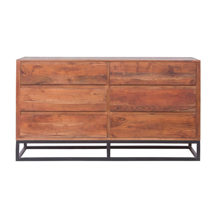 Modern Acacia Wood Dresser cum Display Unit With Metal Base, Walnut Brown and Black