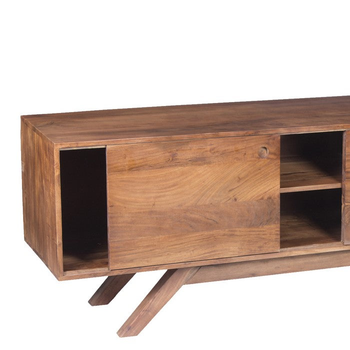 Mid Century Modern Acacia Wood Tv Unit With Wide Storage, Walnut Brown