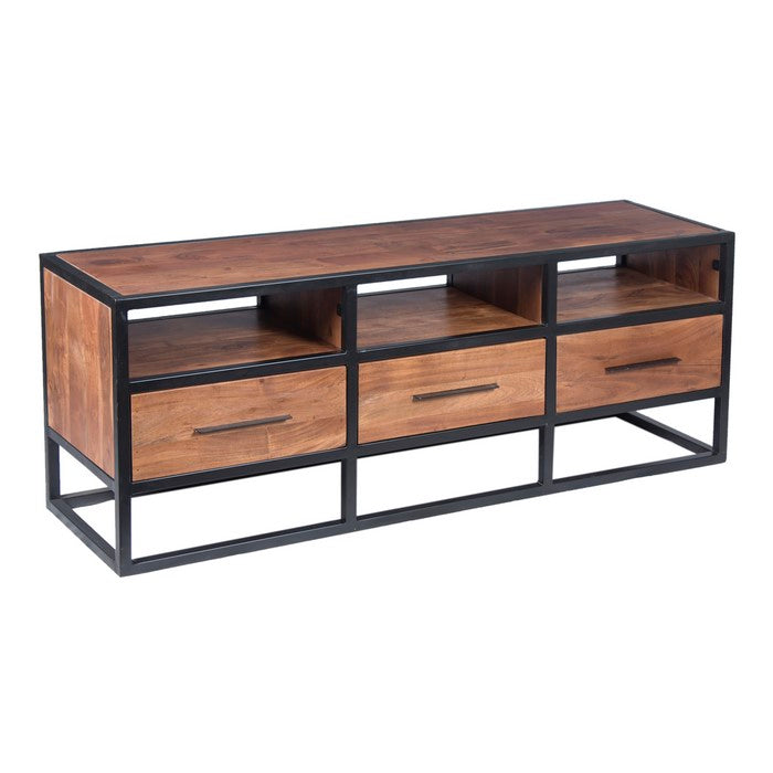 Spacious Acacia Wood Tv Unit With Metal Frame, Walnut Brown and Black