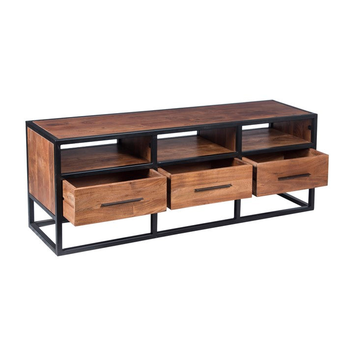 Spacious Acacia Wood Tv Unit With Metal Frame, Walnut Brown and Black