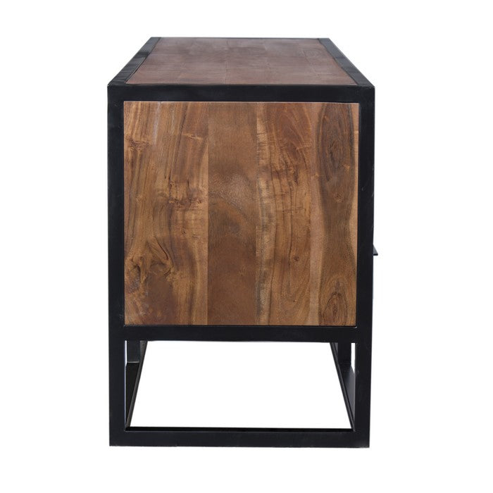 Spacious Acacia Wood Tv Unit With Metal Frame, Walnut Brown and Black