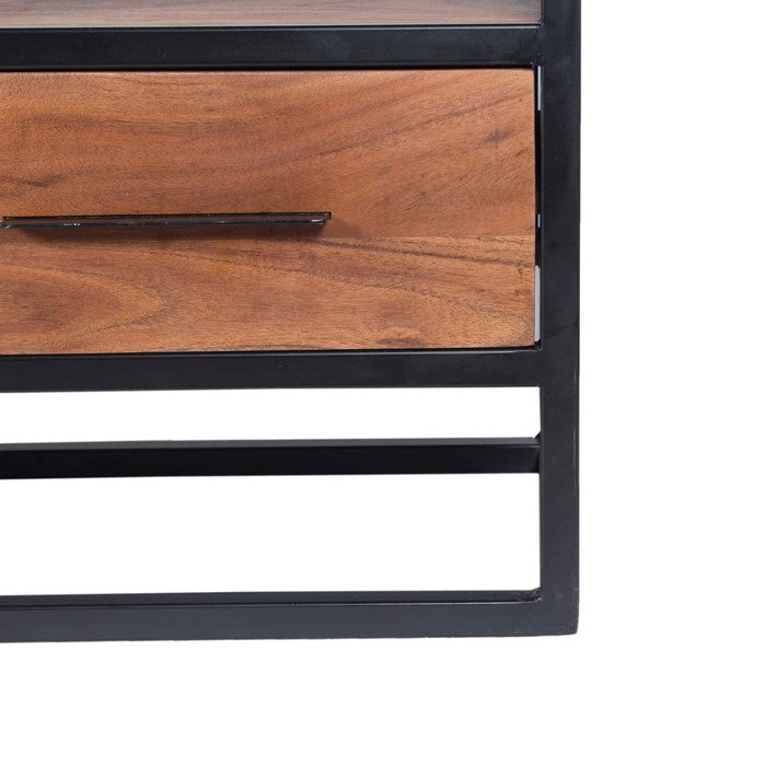 Spacious Acacia Wood Tv Unit With Metal Frame, Walnut Brown and Black