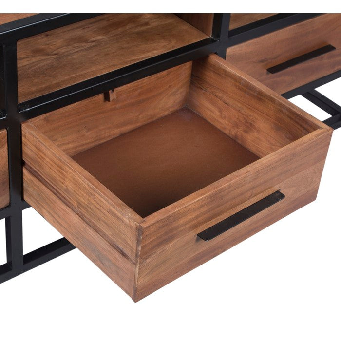 Spacious Acacia Wood Tv Unit With Metal Frame, Walnut Brown and Black