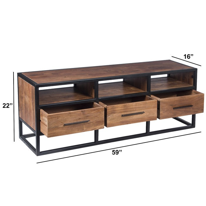 Spacious Acacia Wood Tv Unit With Metal Frame, Walnut Brown and Black