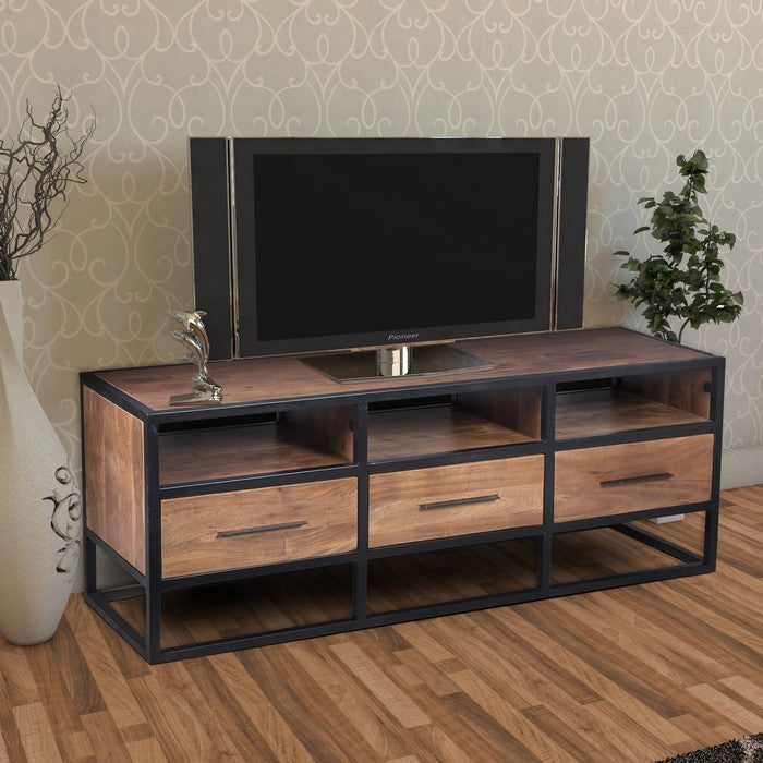 Spacious Acacia Wood Tv Unit With Metal Frame, Walnut Brown and Black