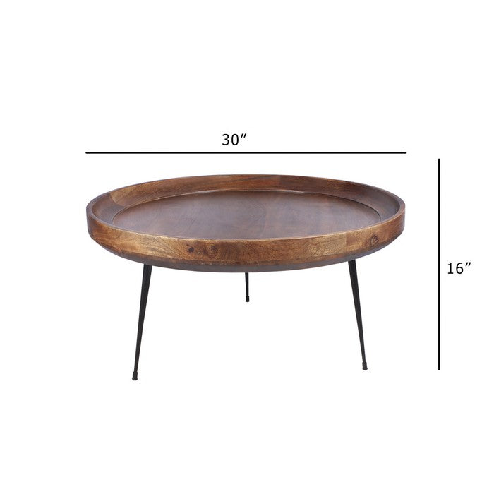 Round Mango Wood Coffee Table With Splayed Metal Legs, Brown and Black