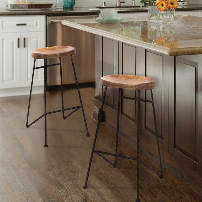 Mango Wood Saddle Seat Bar Stool With Iron Rod Legs, Brown and Black