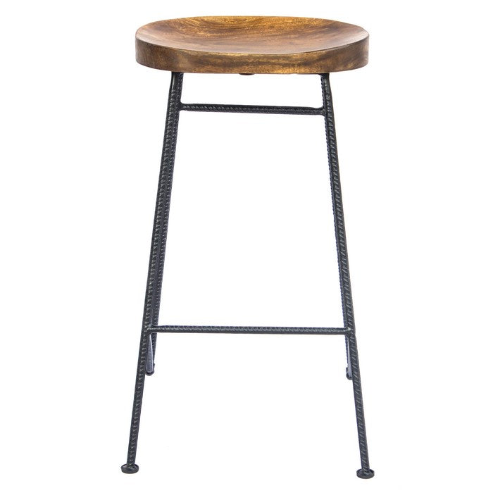 Mango Wood Saddle Seat Bar Stool With Iron Rod Legs, Brown and Black