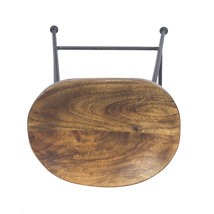 Mango Wood Saddle Seat Bar Stool With Iron Rod Legs, Brown and Black